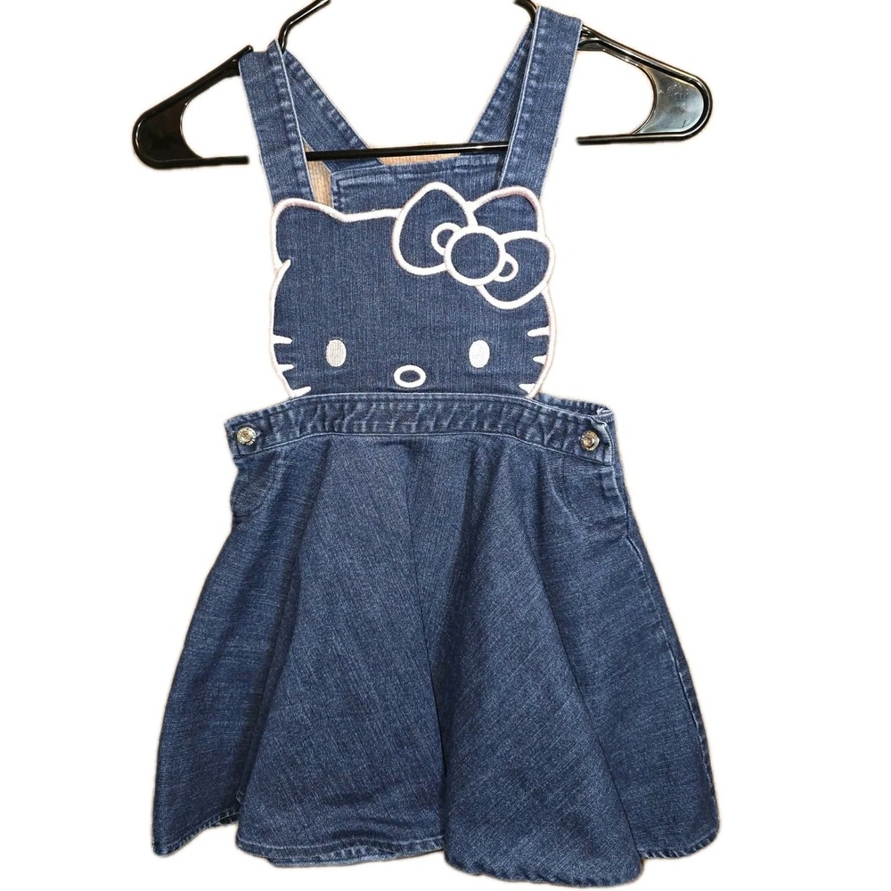 👧🩵 Hello Kitty Denim Jumper Dress Sanrio‎ EUC Toddler Girls Cute Kawaii